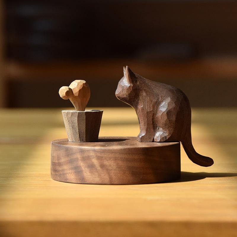 Sculpture de Chat et de Souris en Bois Faite à la Main