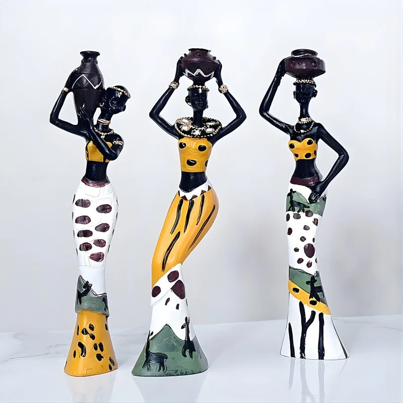 Figurines Exotiques en Résine - Femme Africaine, Lot de 3