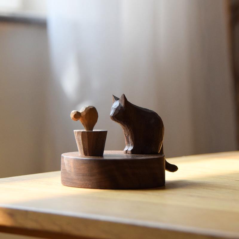 Sculpture de Chat et de Souris en Bois Faite à la Main