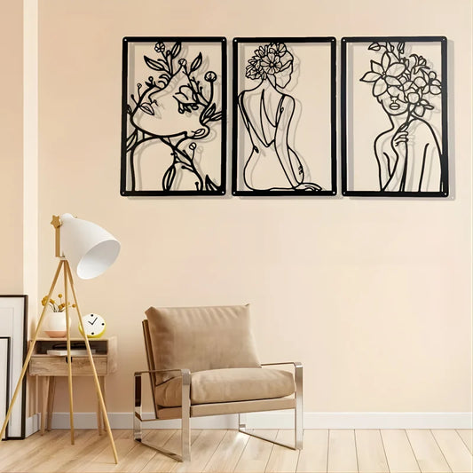 Décoration Murale Moderne en Métal - Femme Fleurie 3 pièces