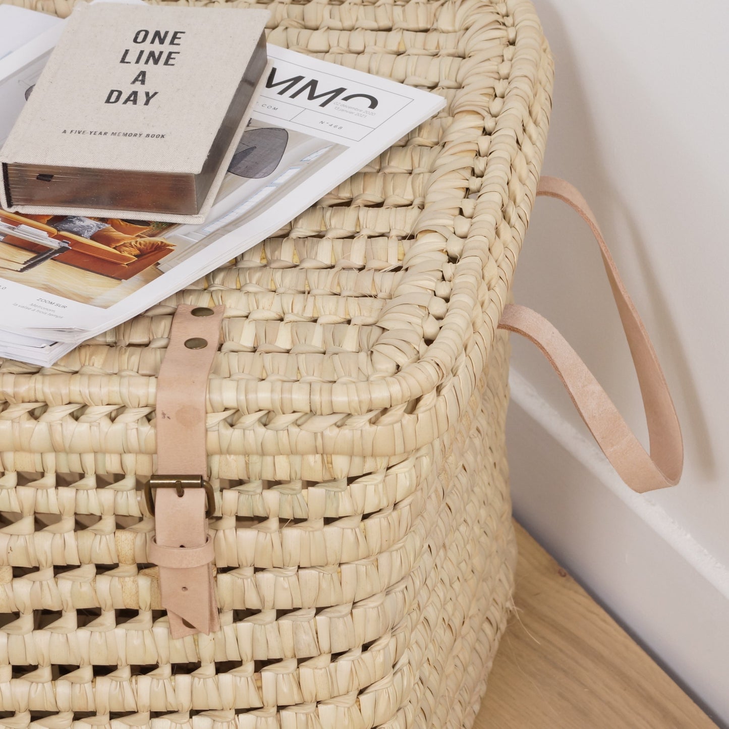 Coffre de Rangement en Feuilles de Palmier et Cuir 100cm