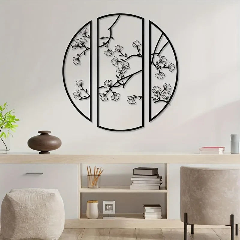 Décoration Murale en Métal - Fleurs de Style Chinois, 3 Pièces