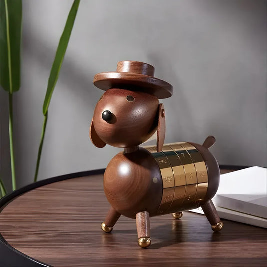 Petite Sculpture de Chien avec Chapeau en Bois