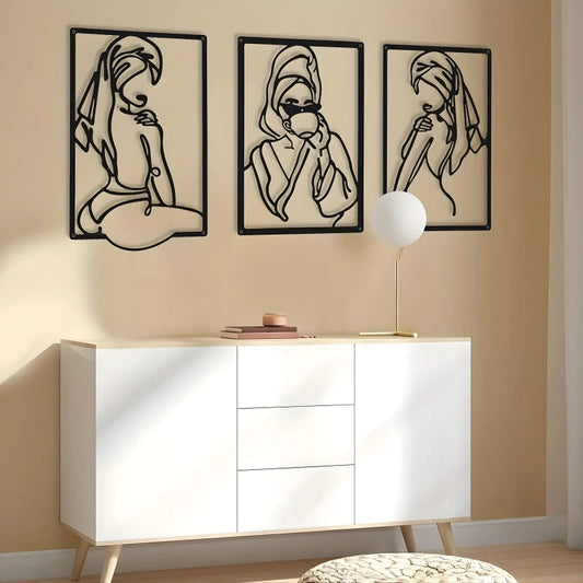 Art Mural Minimaliste en Métal - 3 Pièces, Ligne Unique Féminine