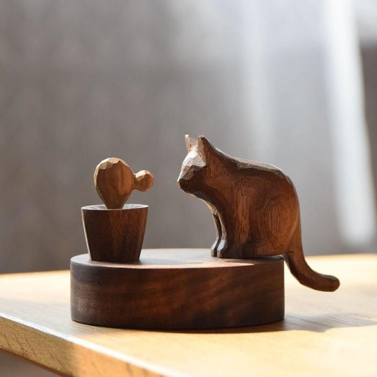 Sculpture de Chat et de Souris en Bois Faite à la Main