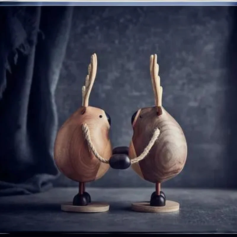 Sculpture Artisanale en Bois - Couple de Cerfs