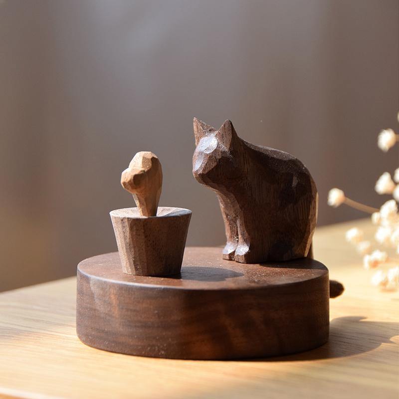 Sculpture de Chat et de Souris en Bois Faite à la Main