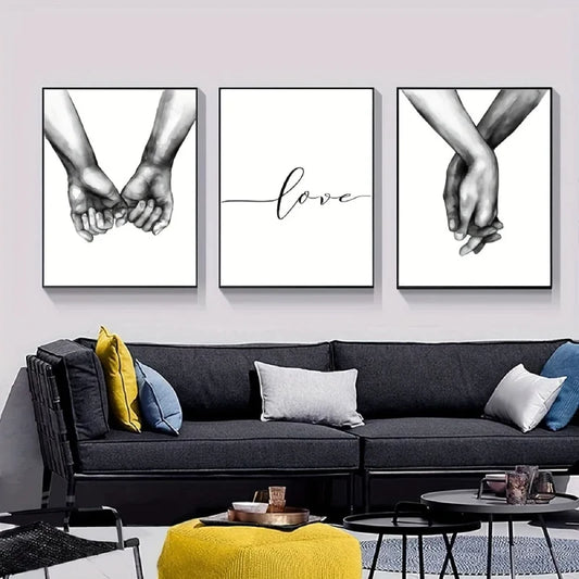 Amour et Mains - Décoration Murale Noir et Blanc - Ensemble de 3