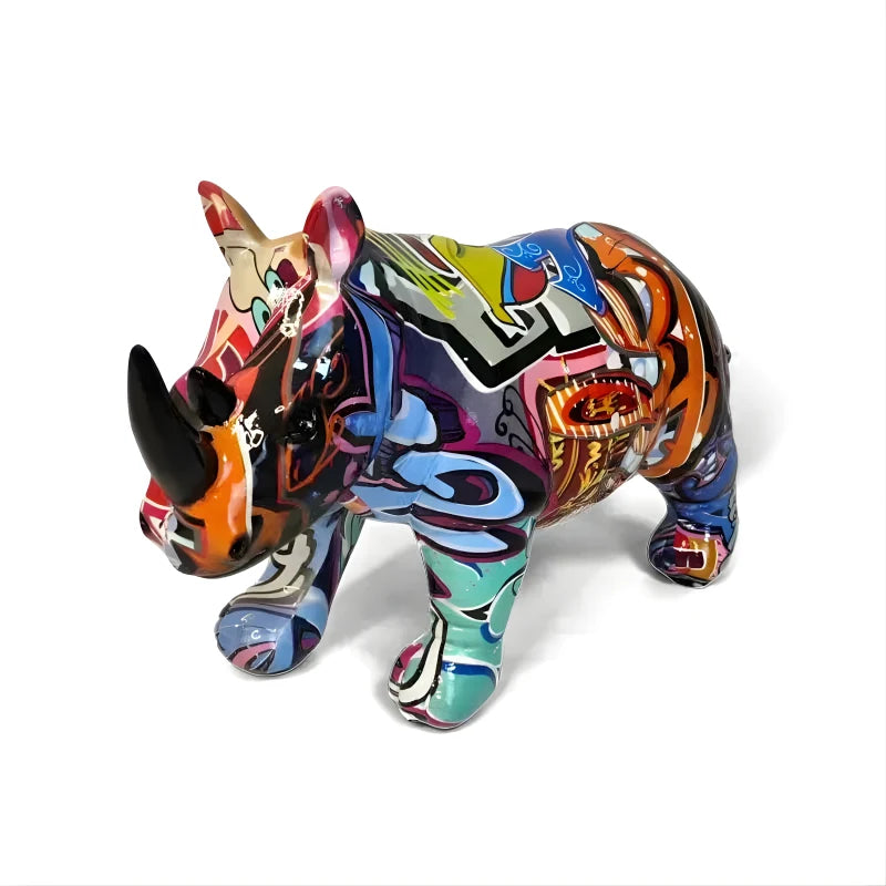 Sculpture de Rhinocéros Graffiti Fait Main