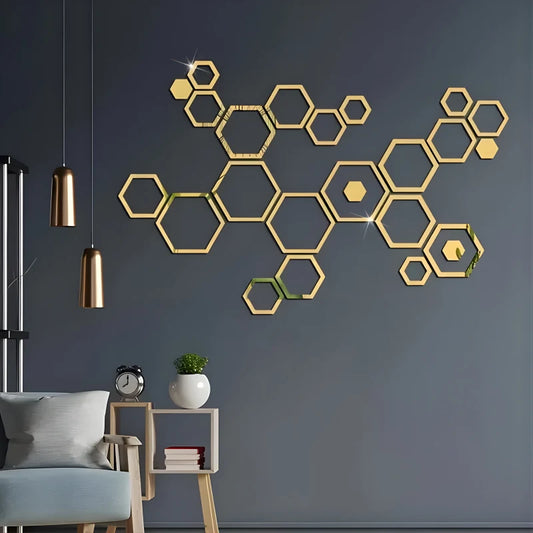 24 Autocollants Hexagonaux pour Miroir Mural 3D