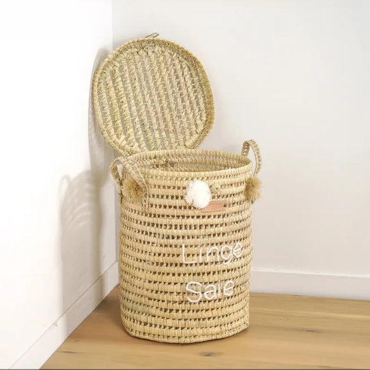 Panier à Linge en Feuilles de Palmier avec Pompons - Linge Sale