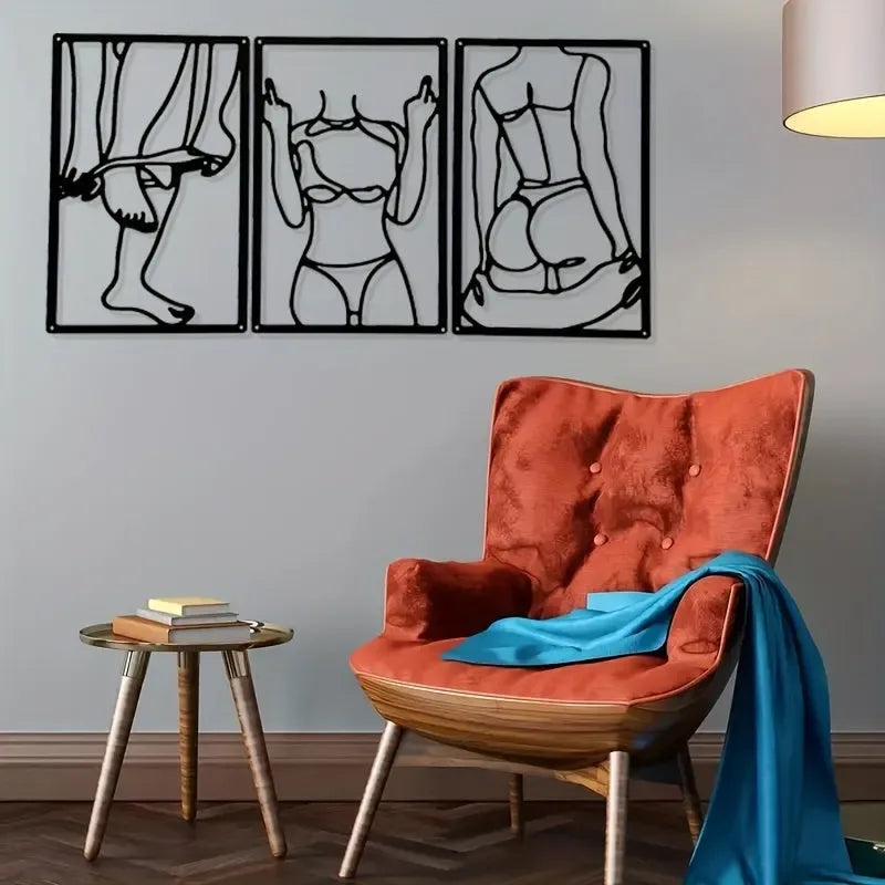 3 Pièces de Décoration Murale en Métal - Femme se Déshabillant