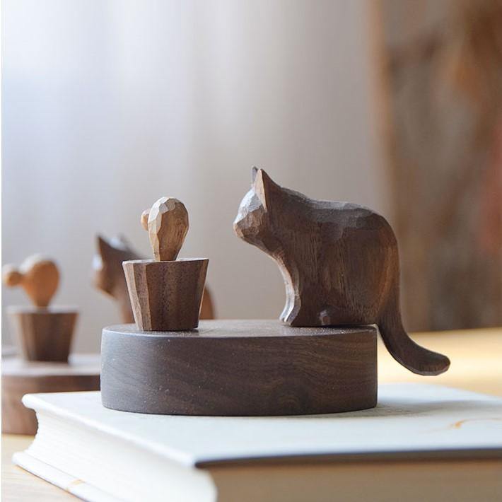 Sculpture de Chat et de Souris en Bois Faite à la Main