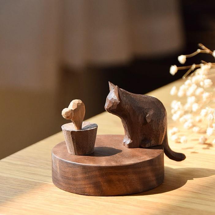 Sculpture de Chat et de Souris en Bois Faite à la Main