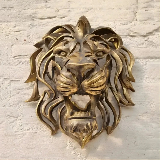 Sculpture Murale Tête de Lion en Or - Fabriquée à la Main