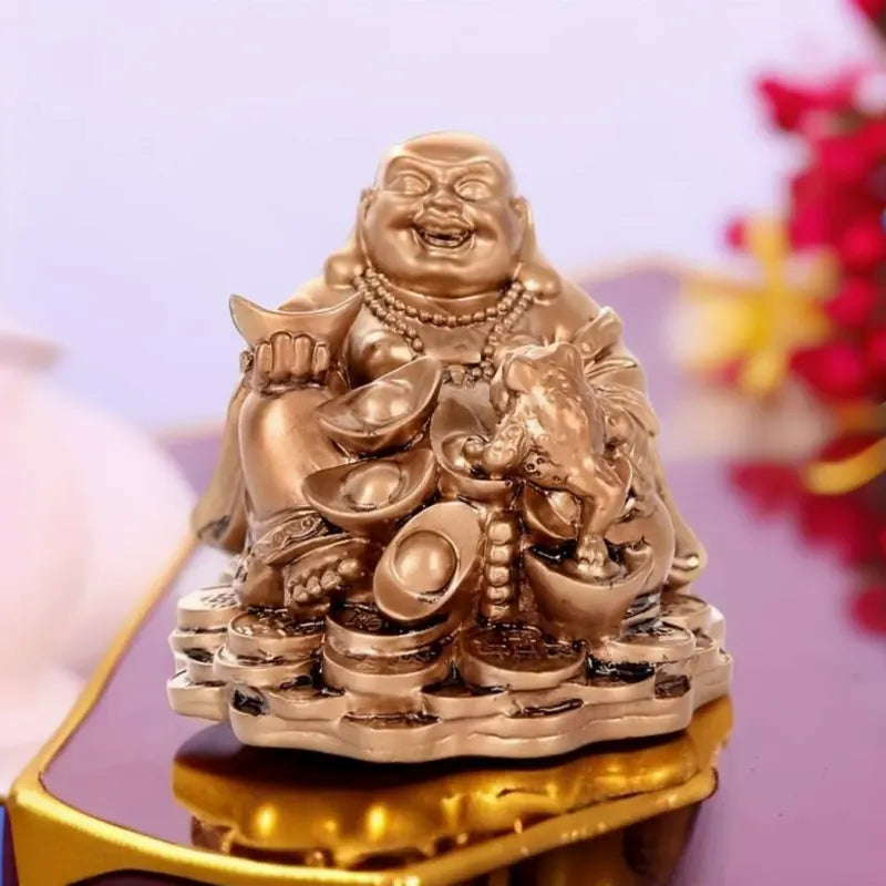 Statue de Bouddha Rieur Dorée avec Pièces de Monnaie de Prospérité