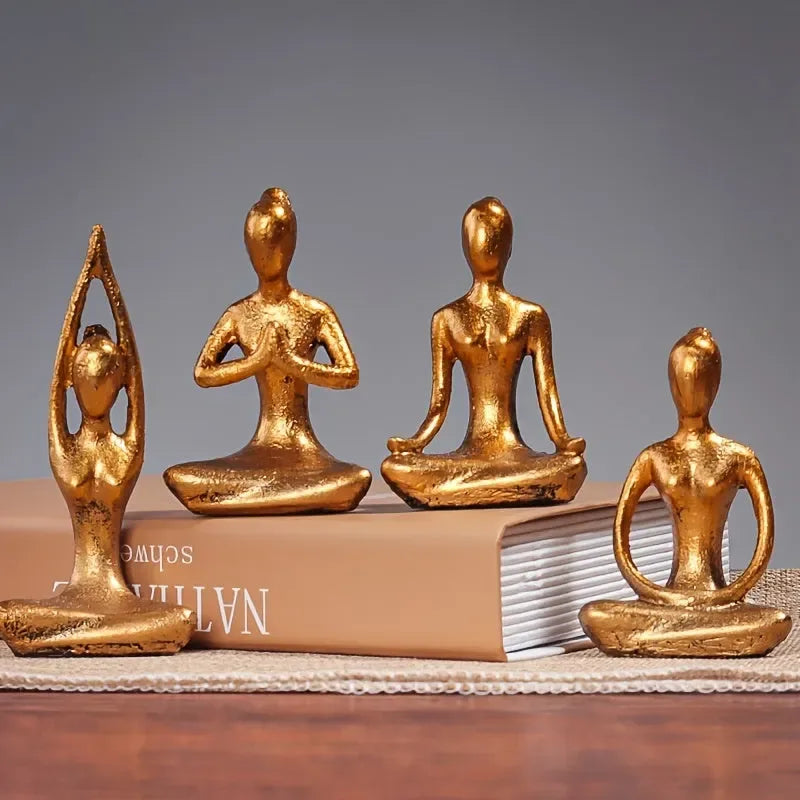 Lot de 4 Figurines de Yoga en Bronze Doré