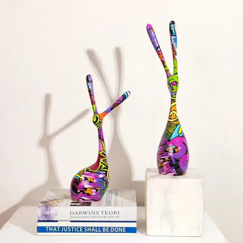 Sculpture de Lapin Abstraite Multicolore Fabriquée à la Main