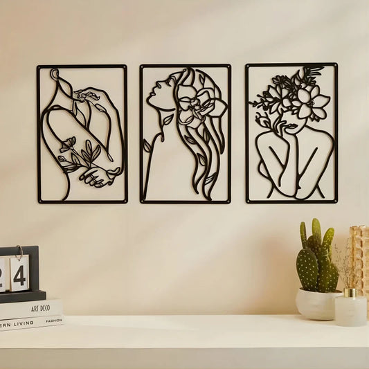 Pack de 3 Décorations Murales en Métal - Minimaliste Abstrait Fleur Femme